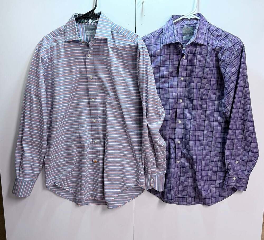 Thomas Dean Men's Button Down Shirt Bundle - Striped and Basketweave Pattern